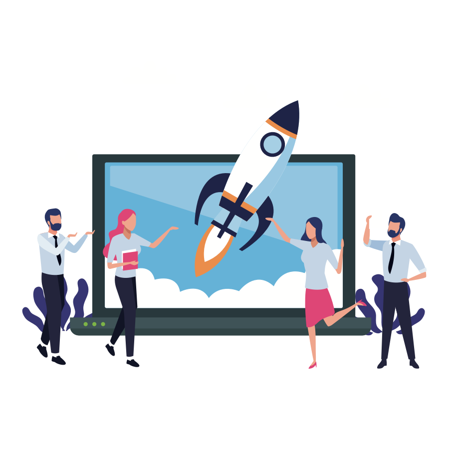 Graphic illustration of people in front of a laptop, pointing at a rocket ship